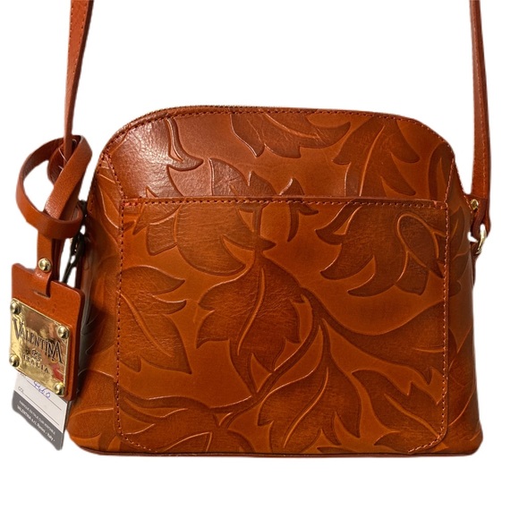 👜🌷 NWT Valentina Floral Embossed Leather Crossbody Burnished Brown Italy - Picture 13 of 13